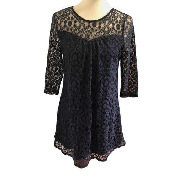 Monteau Navy Blue Lace Tunic Top Mini Dress L Large 3/4 Sleeve - Picture 1 of 9